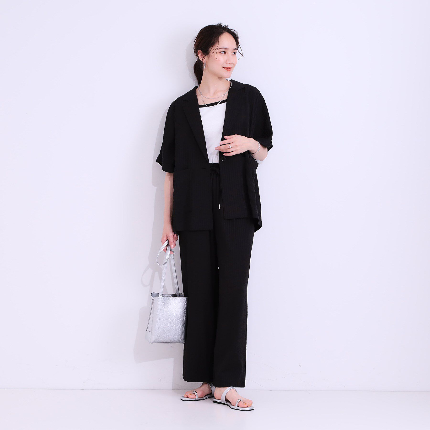 SHOO･LA･RUE「【セットアップ可能/ひんやり/吸水速乾】サッカーストライプ テーラードカラーシャツジャケット」|テーラードジャケット|