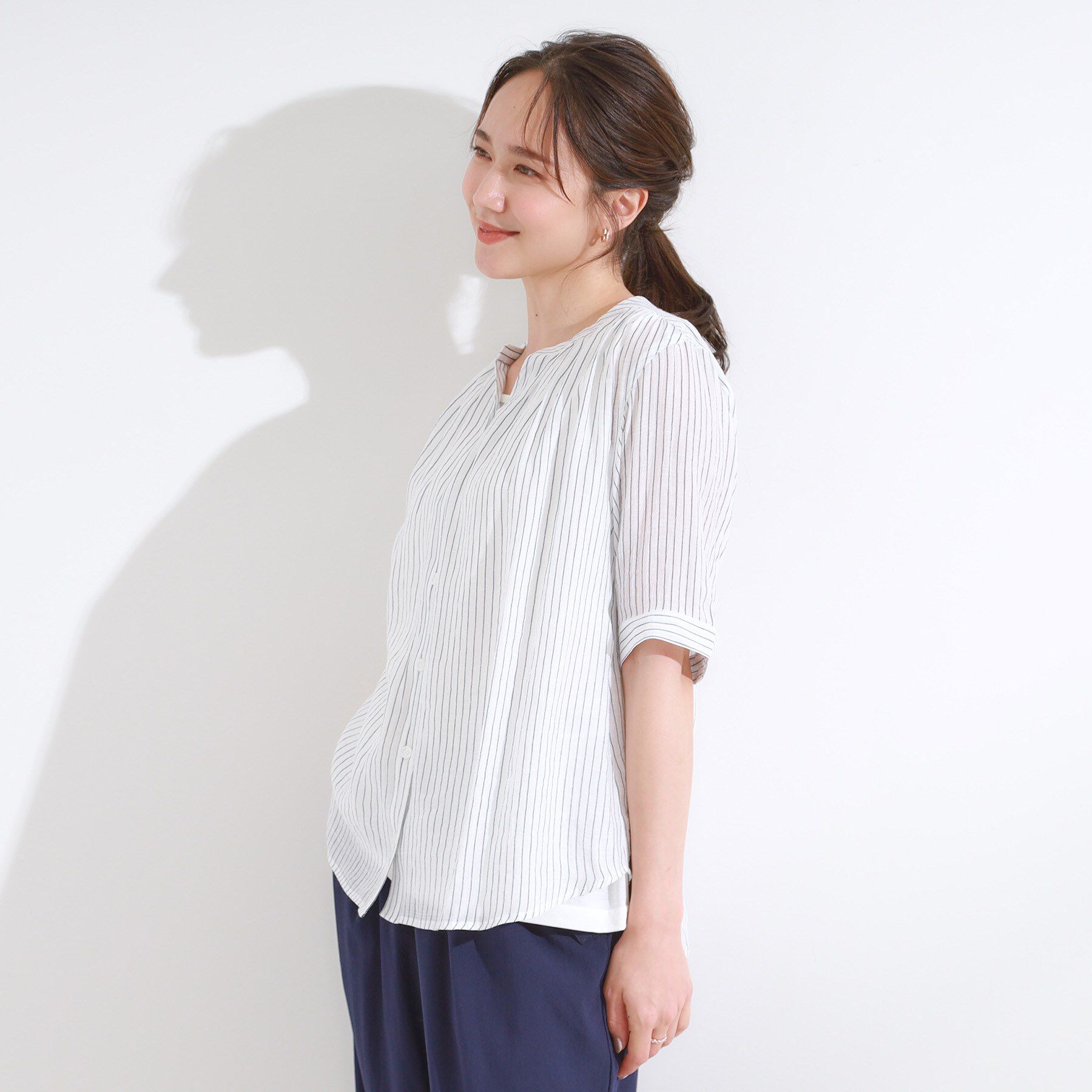 SHOO･LA･RUE「【S-LL/2点セット】着るだけでコーデが決まる 麻調5分袖ブラウス＋タンクトップ」|シャツ・ブラウス|