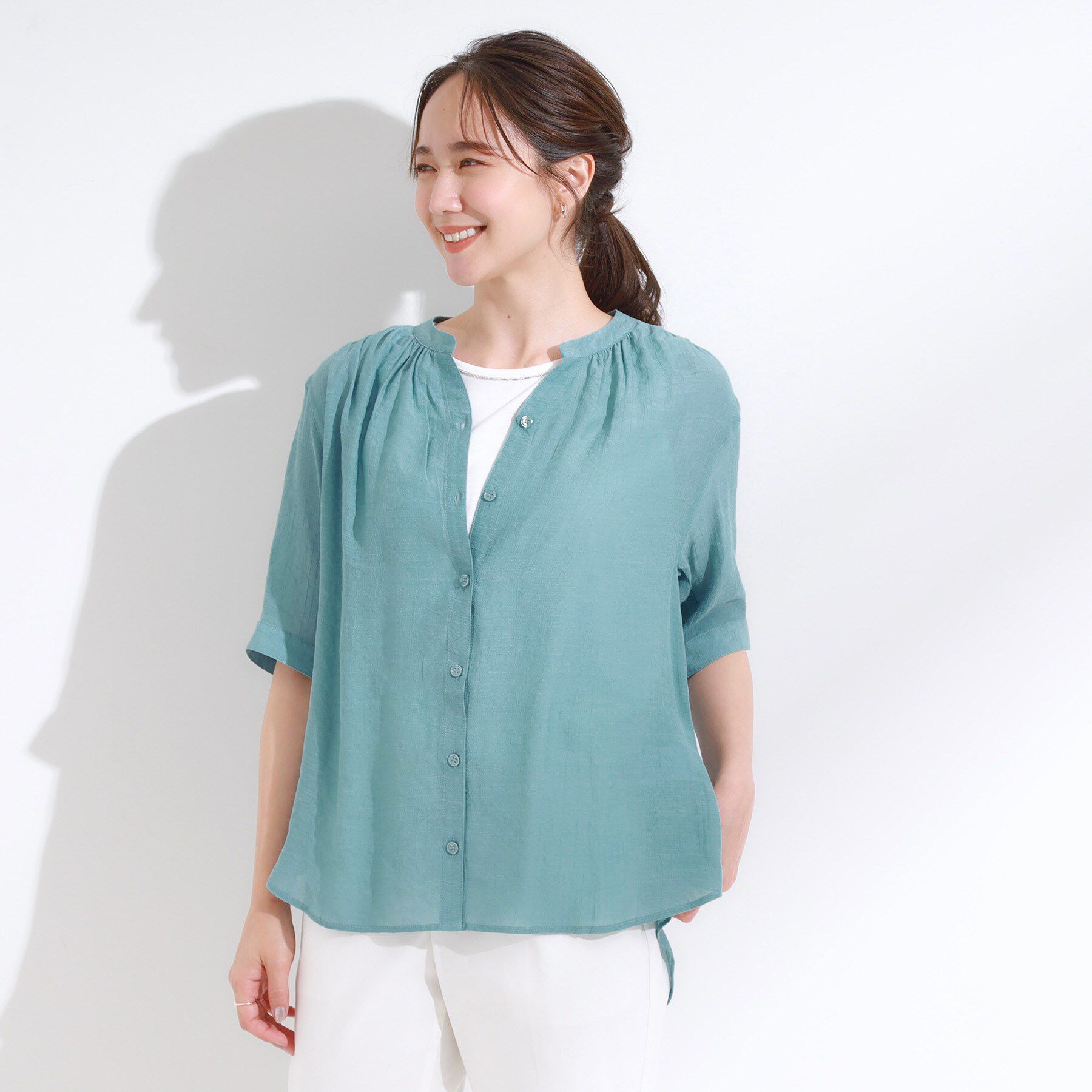 SHOO･LA･RUE「【S-LL/2点セット】着るだけでコーデが決まる 麻調5分袖ブラウス＋タンクトップ」|シャツ・ブラウス|