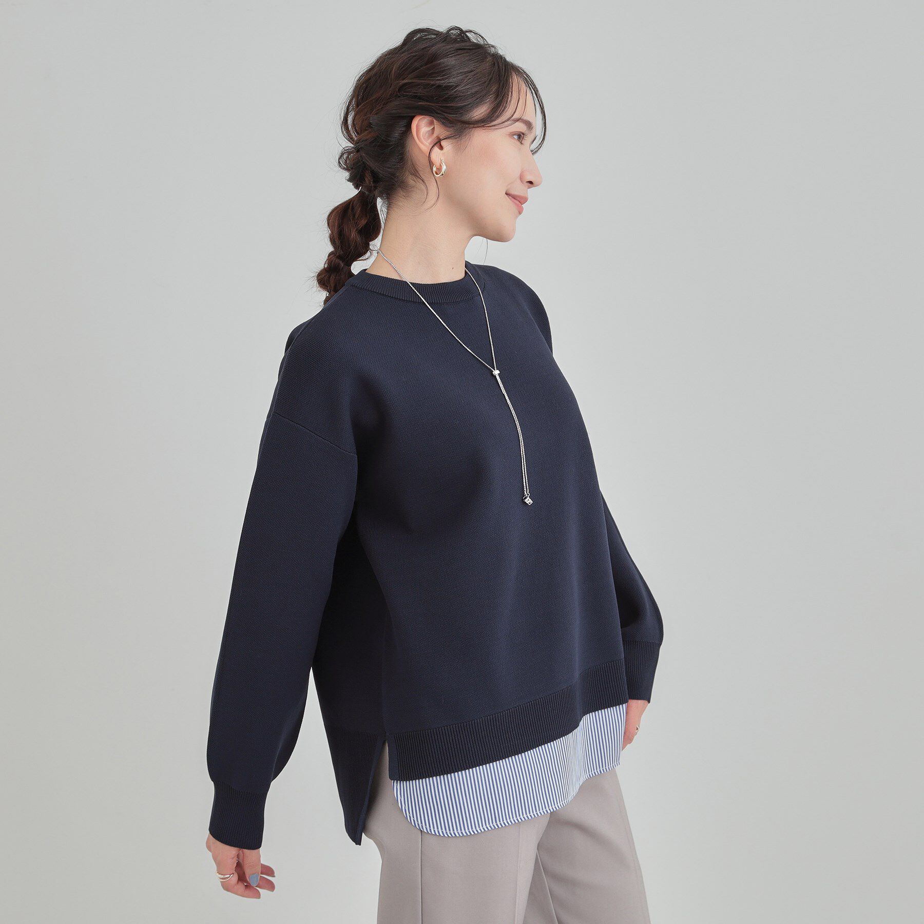 SHOO･LA･RUE「【高レビュー/洗濯機可/S-LL】さらに軽くなった スポンディッシュ裾フェイクトップス」|ニット・セーター|