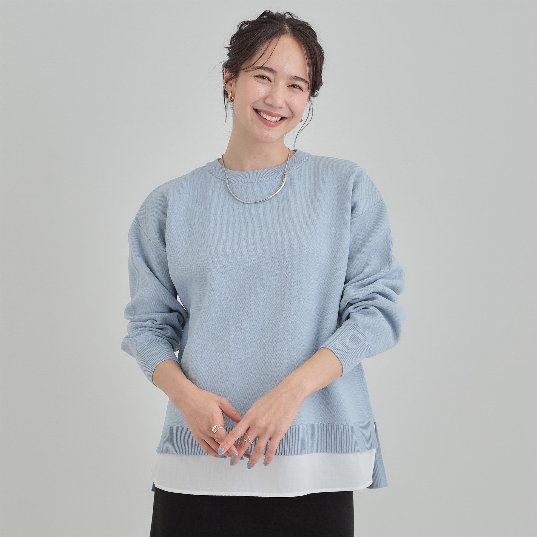 SHOO･LA･RUE「【高レビュー/洗濯機可/S-LL】さらに軽くなった スポンディッシュ裾フェイクトップス」|ニット・セーター|