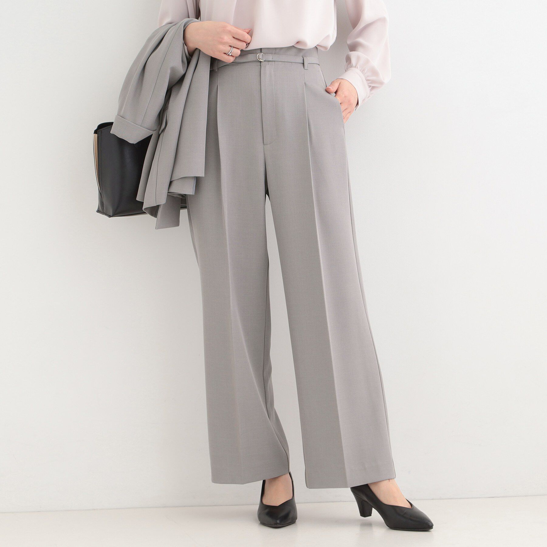 SHOO･LA･RUE「【通勤/セットアップ可/洗濯機可/SS-LL】センタープレスできちんと見え ベルト付きワイドパンツ」|その他|グレー(012)