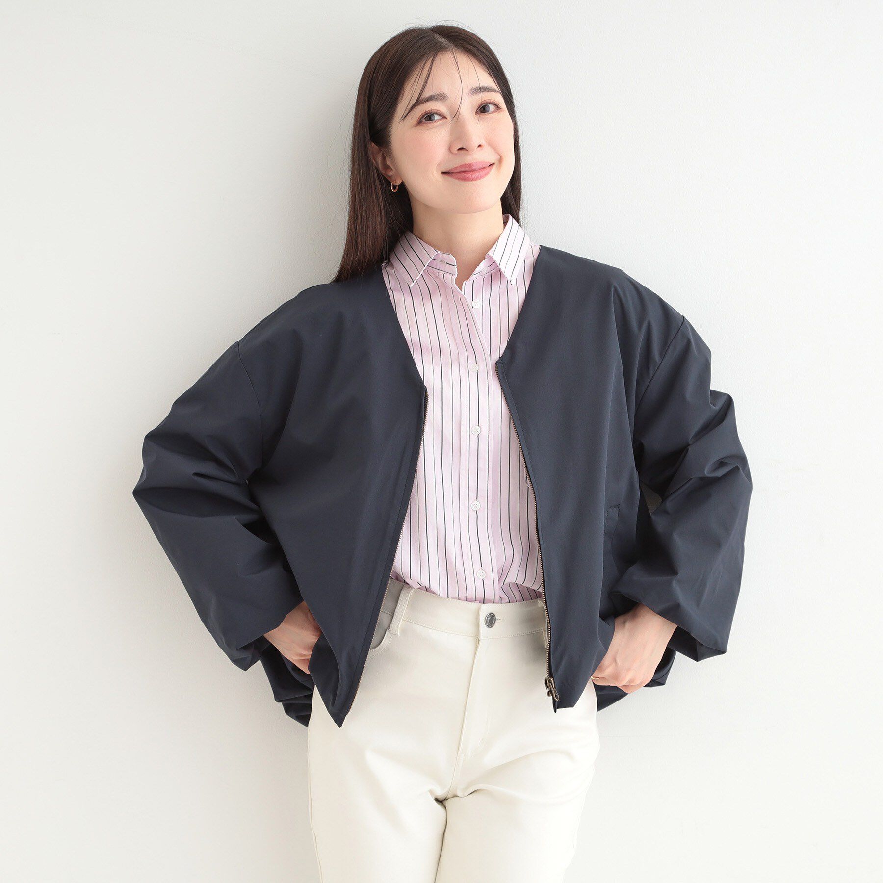 SHOO･LA･RUE「【防風/撥水/S-LL】お顔回りすっきり見え　Vネックバルーンブルゾン」|ブルゾン・スタジャン|