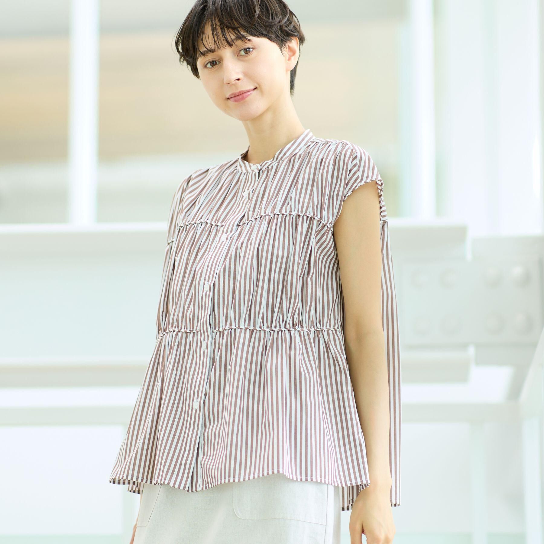 Dessin「【洗える】ストライプ柄ギャザーブラウス」|シャツ・ブラウス|