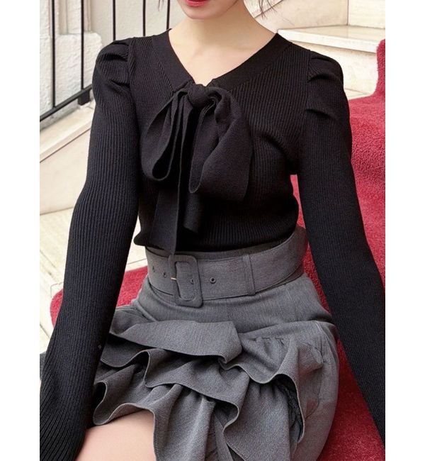 RESEXXY「ボウタイニットトップス」|ニット・セーター|ブラック