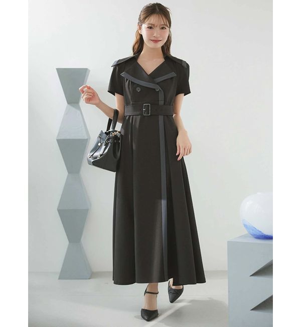 MERCURYDUO「バイカラーハーフスリーブトレンチフレアワンピース」|ワンピース|ブラック