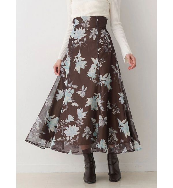 MERCURYDUO「花柄バックレースアップフレアスカート」|スカート|ブラウン