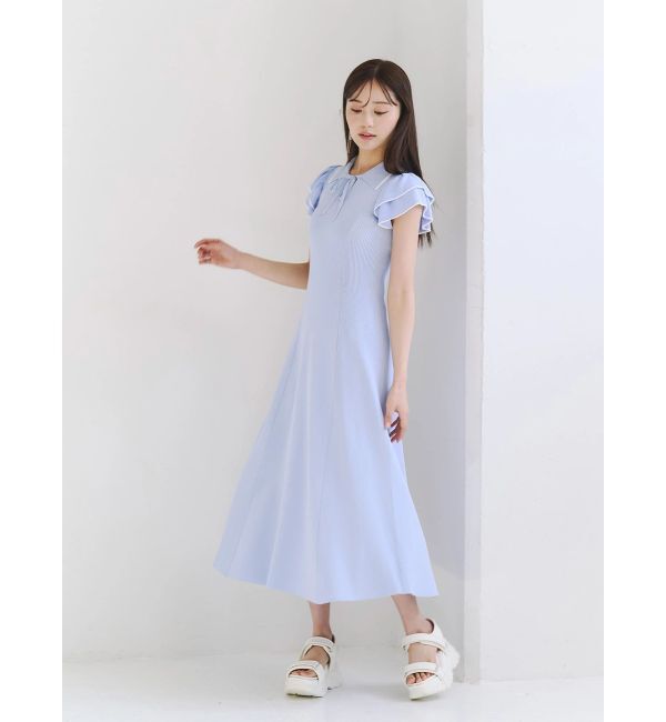 MERCURYDUO「ポロ衿ラッフルニットワンピース」|ワンピース|アイスブルー