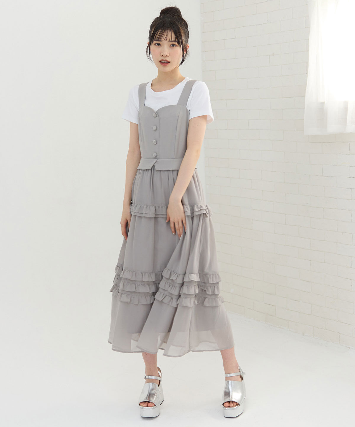 REDYAZEL「ビスチェ&times;メニーフリルティアードワンピース」|ワンピース|グレー