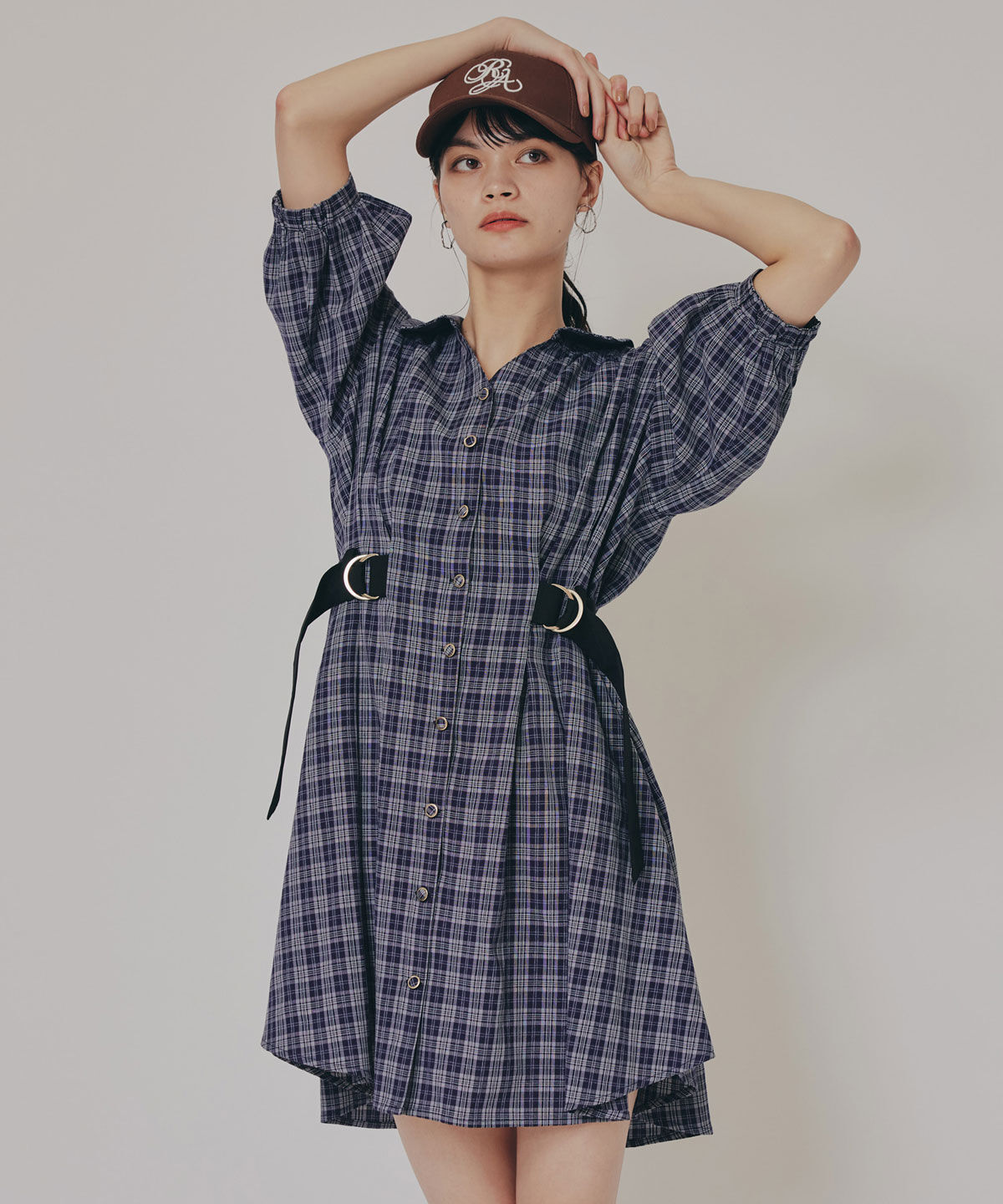 REDYAZEL「チェックバイカラーウエストベルトシャツワンピース」|ワンピース|