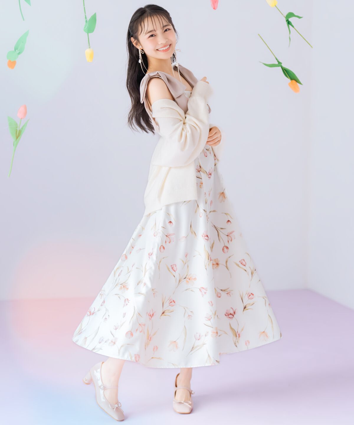 WILLSELECTION「リボンショルダーチューリップフレアワンピース」|ワンピース|白系花柄