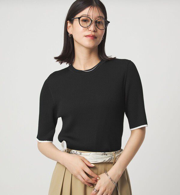 UNITED ARROWS green label relaxing「【WEB限定】＜at ease＞ソデサキ バイカラー 5分袖 プルオーバー ニット」|ニット・セーター|BLACK