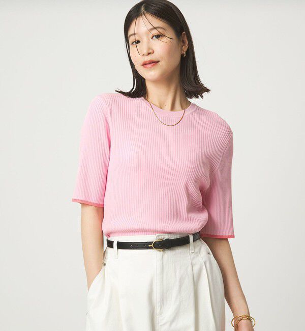 UNITED ARROWS green label relaxing「【WEB限定】＜at ease＞ソデサキ バイカラー 5分袖 プルオーバー ニット」|ニット・セーター|