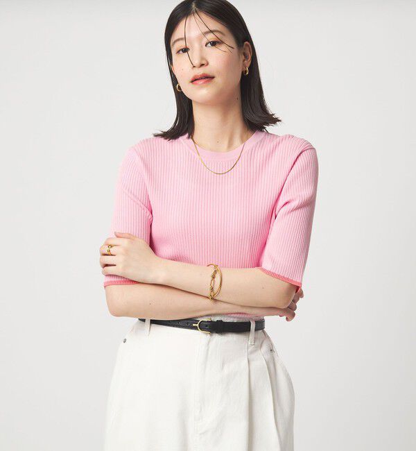 UNITED ARROWS green label relaxing「【WEB限定】＜at ease＞ソデサキ バイカラー 5分袖 プルオーバー ニット」|ニット・セーター|