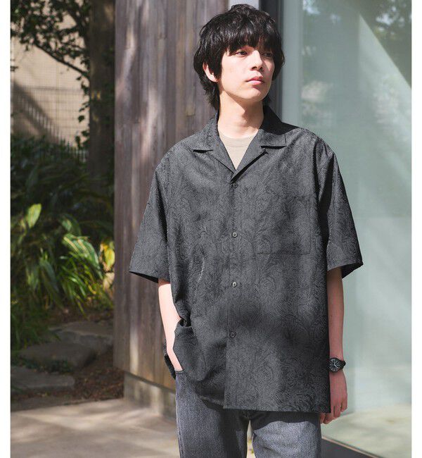 UNITED ARROWS green label relaxing「リネンライク ジャガード オープンカラー 半袖 シャツ」|シャツ・ブラウス|NAVY