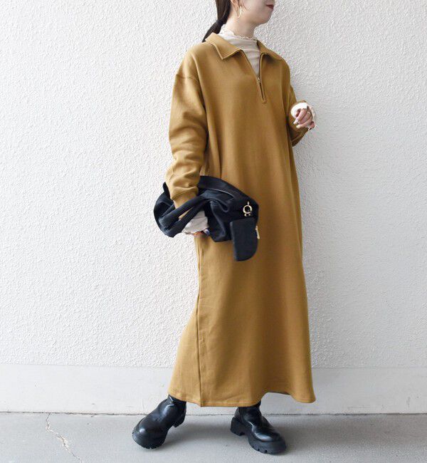 SHIPS any「SHIPS any:〈洗濯機可能〉USA コットン 裏起毛 ハーフジップ ワンピース」|ワンピース|キャメル
