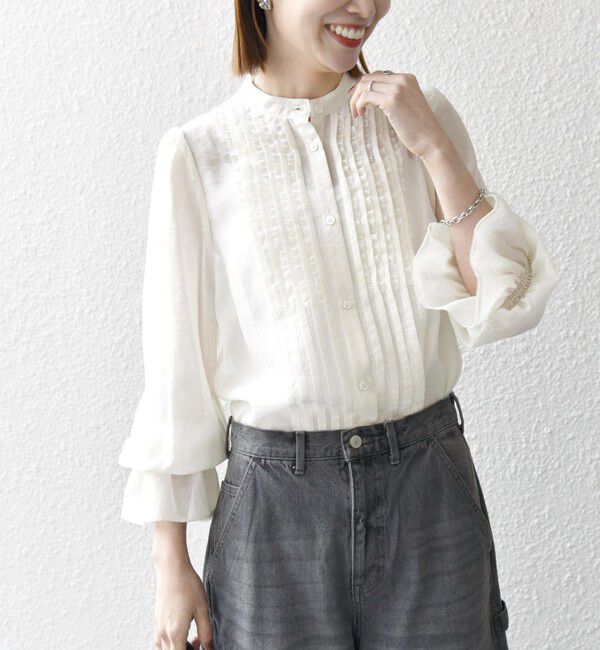 SHIPS any「SHIPS any:〈手洗い可能〉シアー フリル バンドカラー シャツ ブラウス」|シャツ・ブラウス|