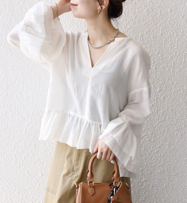 SHIPS any「SHIPS any:〈洗濯機可能〉コットン モス ラッフル フリル キーネック ブラウス」|シャツ・ブラウス|