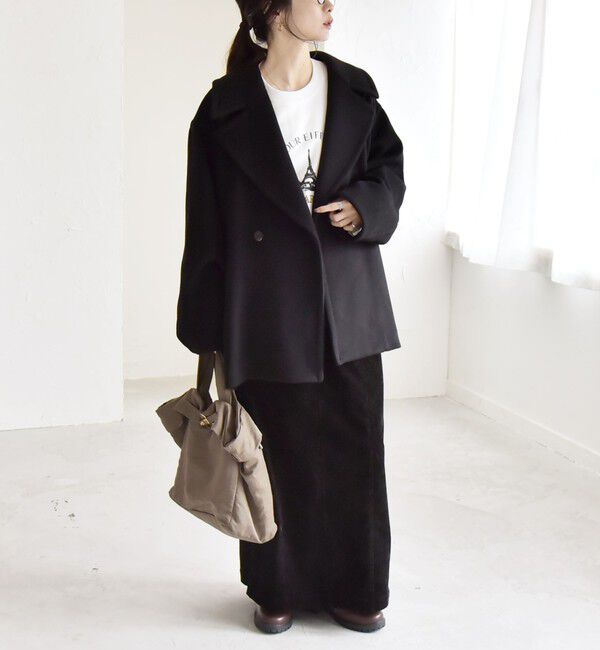 quaranciel「quaranciel: PURE WOOL ダブルブレスト テーラード ハーフ コート」|ピーコート|