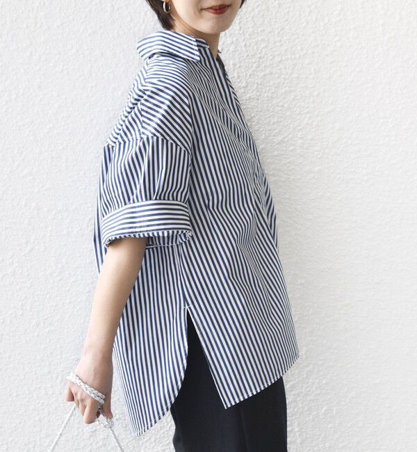 SHIPS for women「〈手洗い可能〉無地/ストライプ スキッパー サイド スリット 半袖 シャツ」|シャツ・ブラウス|