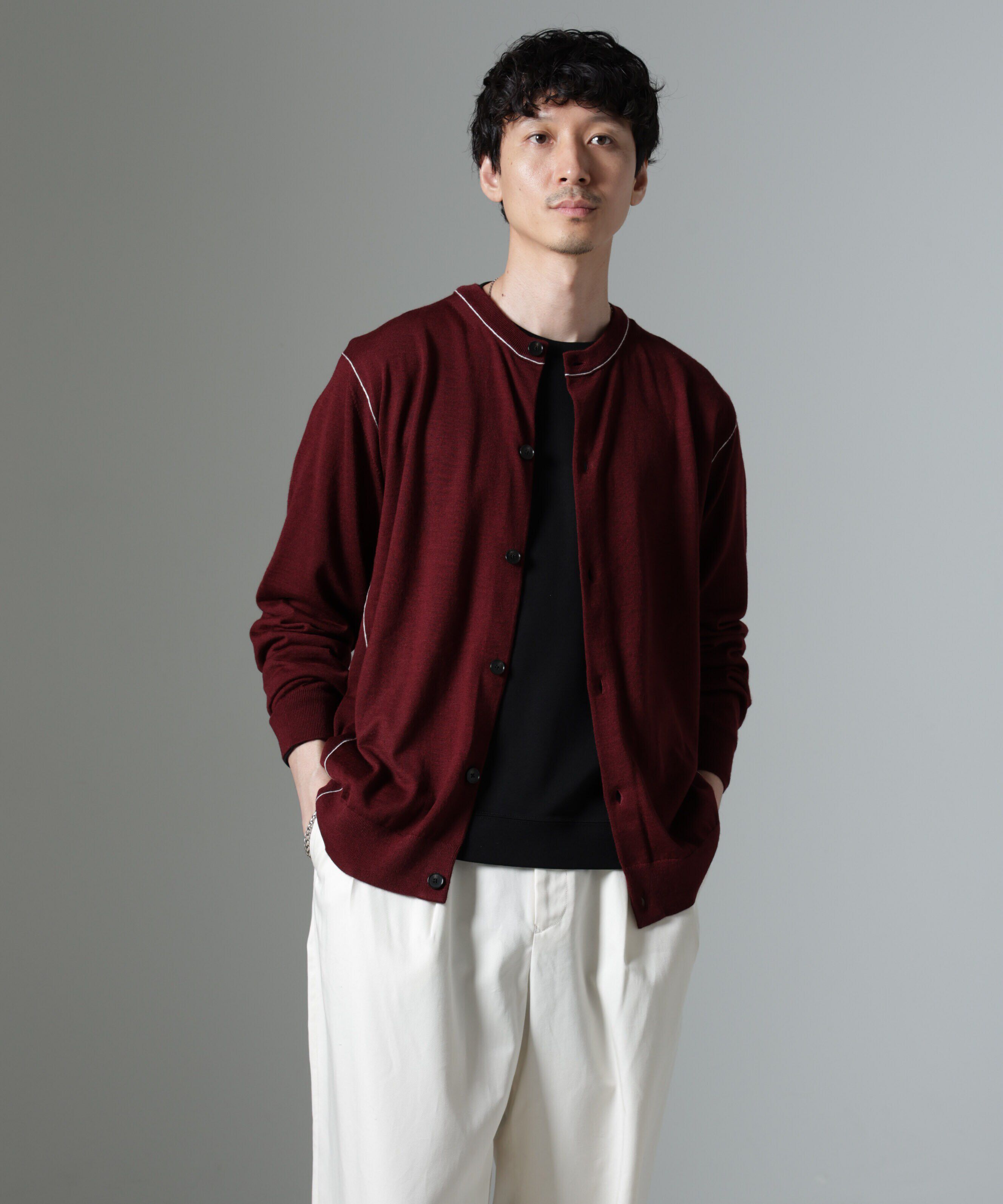 nano･universe「コントラストラインクルーネックカーディガン」|ニット・セーター|