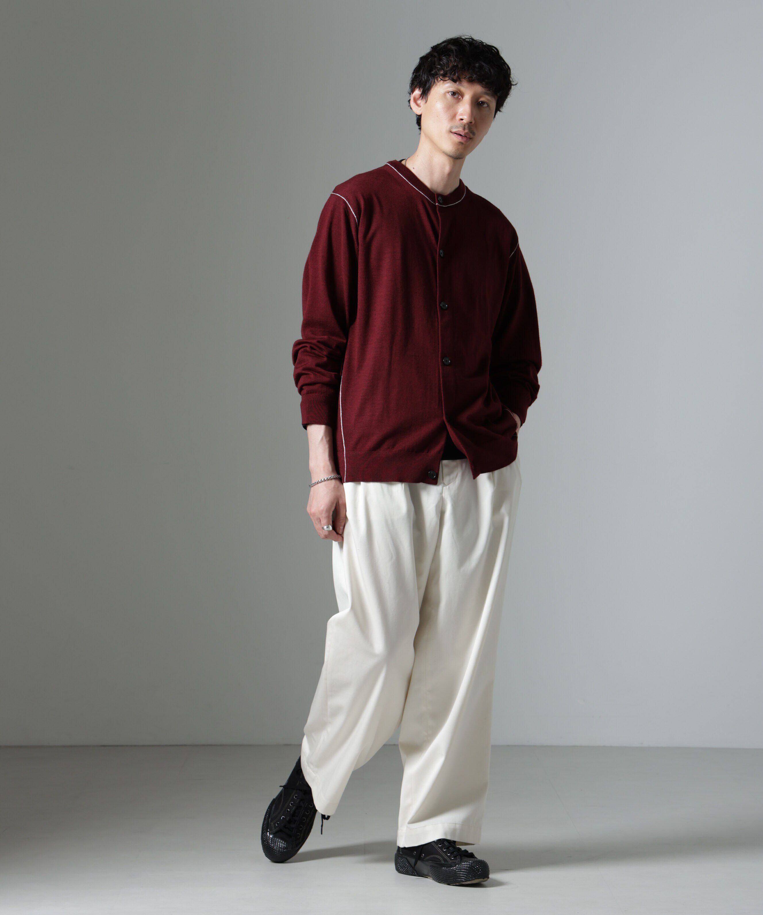 nano･universe「コントラストラインクルーネックカーディガン」|ニット・セーター|