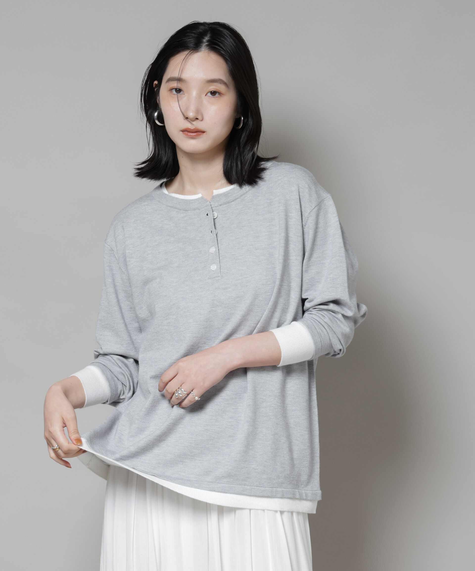 nano･universe「レイヤード風バイカラーヘンリーネックニット」|ニット・セーター|