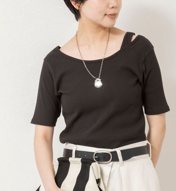 Rie Miller「ウォッシャブルアシンメトリー2WAYリブTシャツ」|Tシャツ・カットソー|チャコールグレー