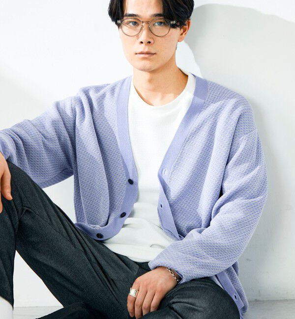GLOSTER「【シャリ感で軽やか】バーズアイVネック crunchyカーデ」|カーディガン|パープル系その他