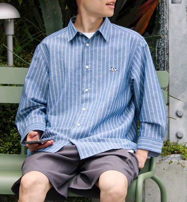 GLOSTER「【フレブル刺繍】七分袖シャツ ストライプ/無地」|シャツ・ブラウス|ブルー系その他
