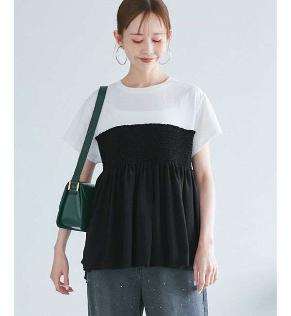 Rope&rsquo;Picnic「シャーリングドッキングハーフスリーブカットソー」|Tシャツ・カットソー|ブラック系(02)