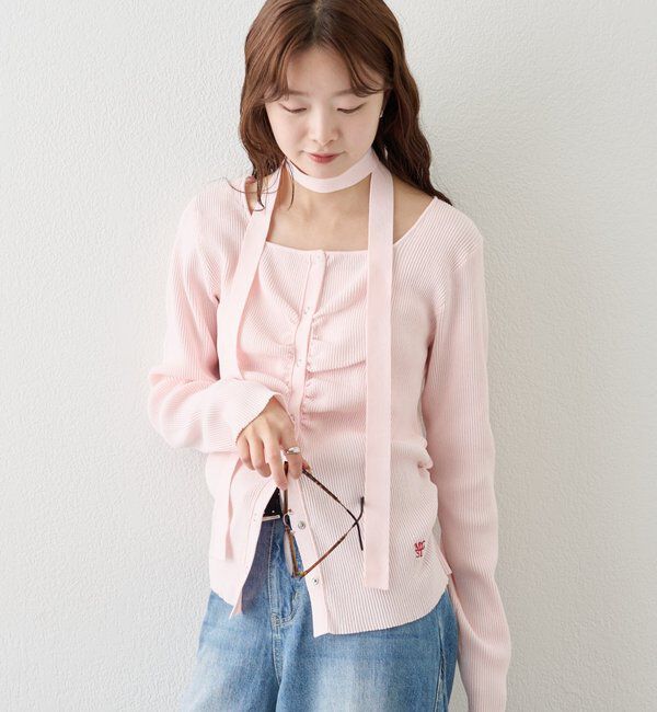  「タイ付きスクエアネックカーディガン」|カーディガン|