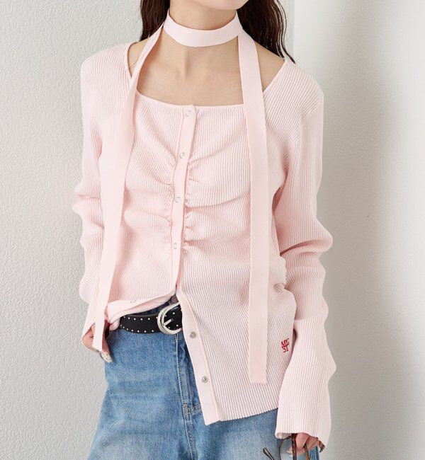  「タイ付きスクエアネックカーディガン」|カーディガン|
