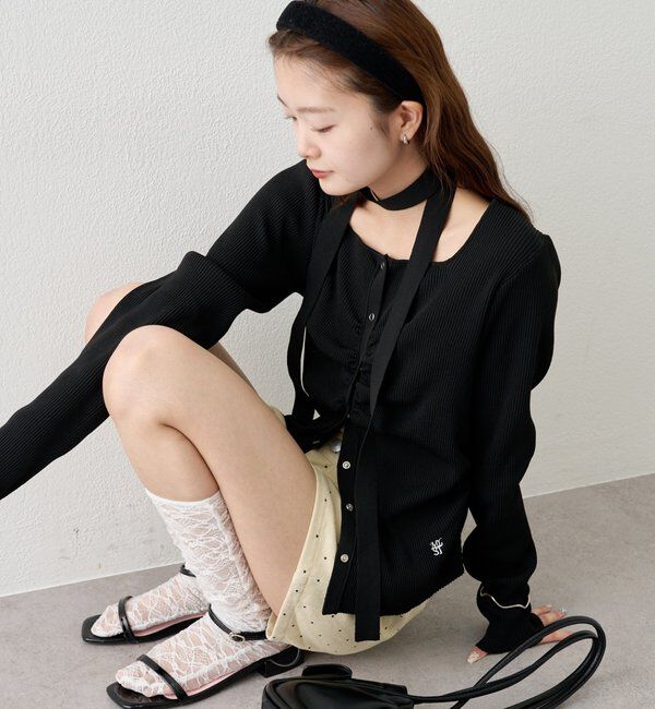  「タイ付きスクエアネックカーディガン」|カーディガン|