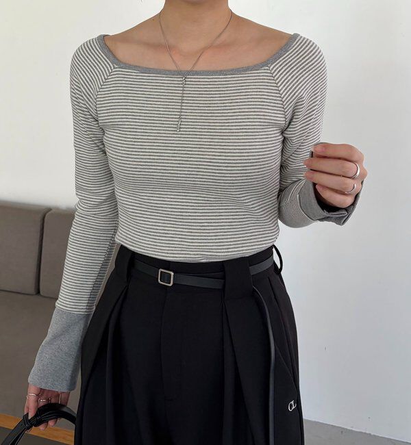  「ボーダー袖ボタンロンT」|Tシャツ・カットソー|