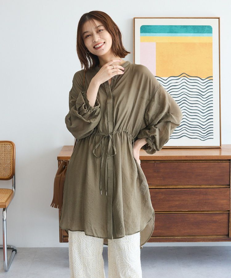 Green Parks「バンドカラー比翼タック袖チュニック」|チュニック|Khaki