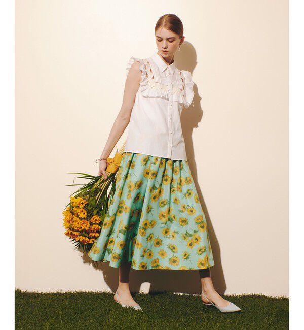 LOULOU WILLOUGHBY「WEB 一部店舗限定【LOULOU WILLOUGHBY】サンフラワープリントギャザースカート」|スカート|グリーン系