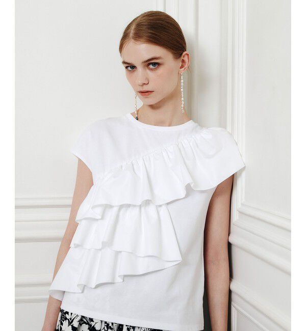 LOULOU WILLOUGHBY「【LOULOU WILLOUGHBY】スパイラルフリルＴシャツ」|Tシャツ・カットソー|オフホワイト