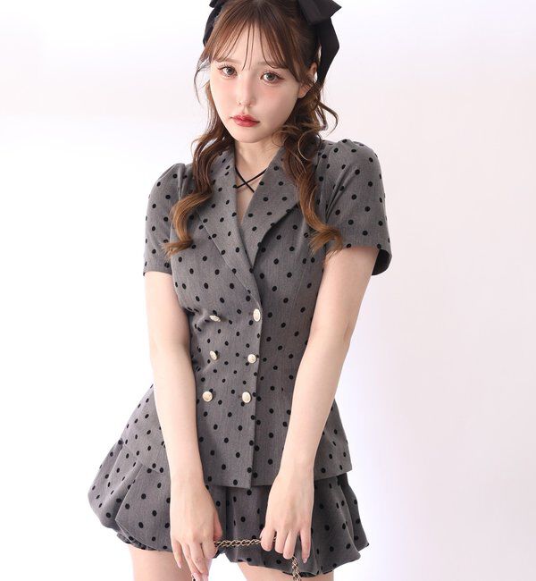  「【セットアップ可能】レースアップ半袖ペプラムジャケット／SMサイズ」|ダウンベスト・ベスト|