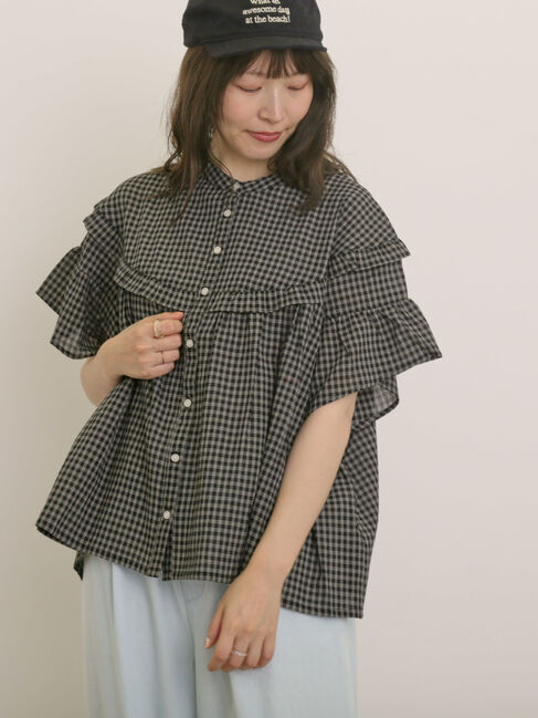 Samansa Mos2「フリル切替ブラウス」|シャツ・ブラウス|ブラック