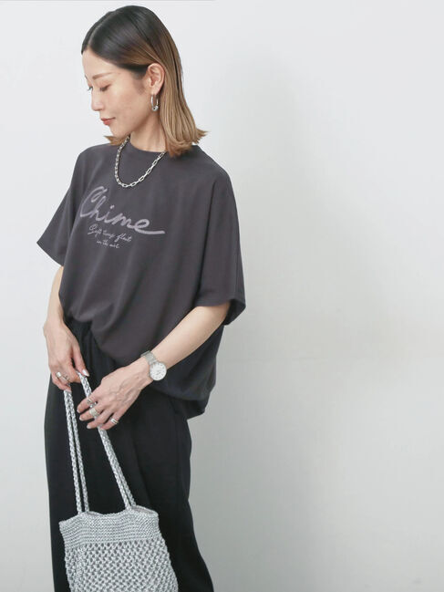 Samansa Mos2 blue「【接触冷感】ドルマンギャザー刺繍Tシャツ」|Tシャツ・カットソー|チャコールグレー