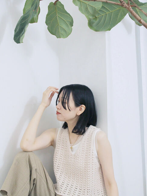 Samansa Mos2 blue「テープヤーン透かしニットベスト」|ニット・セーター|