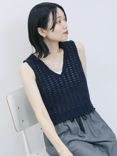 Samansa Mos2 blue「テープヤーン透かしニットベスト」|ニット・セーター|