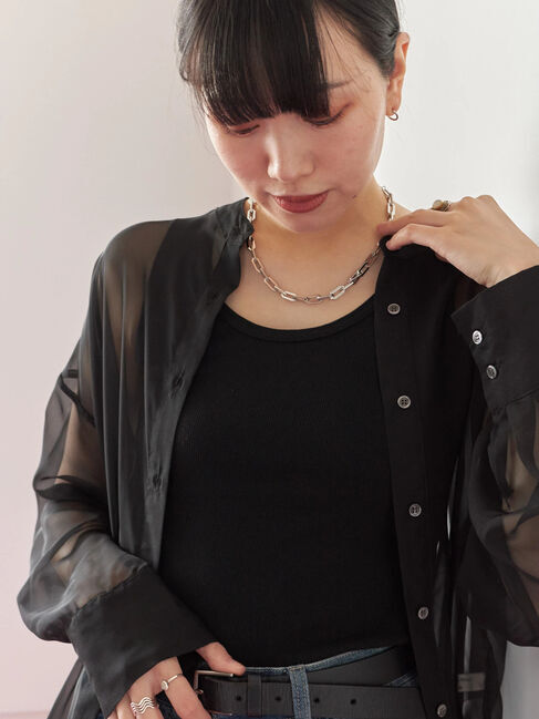 Samansa Mos2 blue「◎バンドカラーシアーシャツ」|シャツ・ブラウス|ブラック