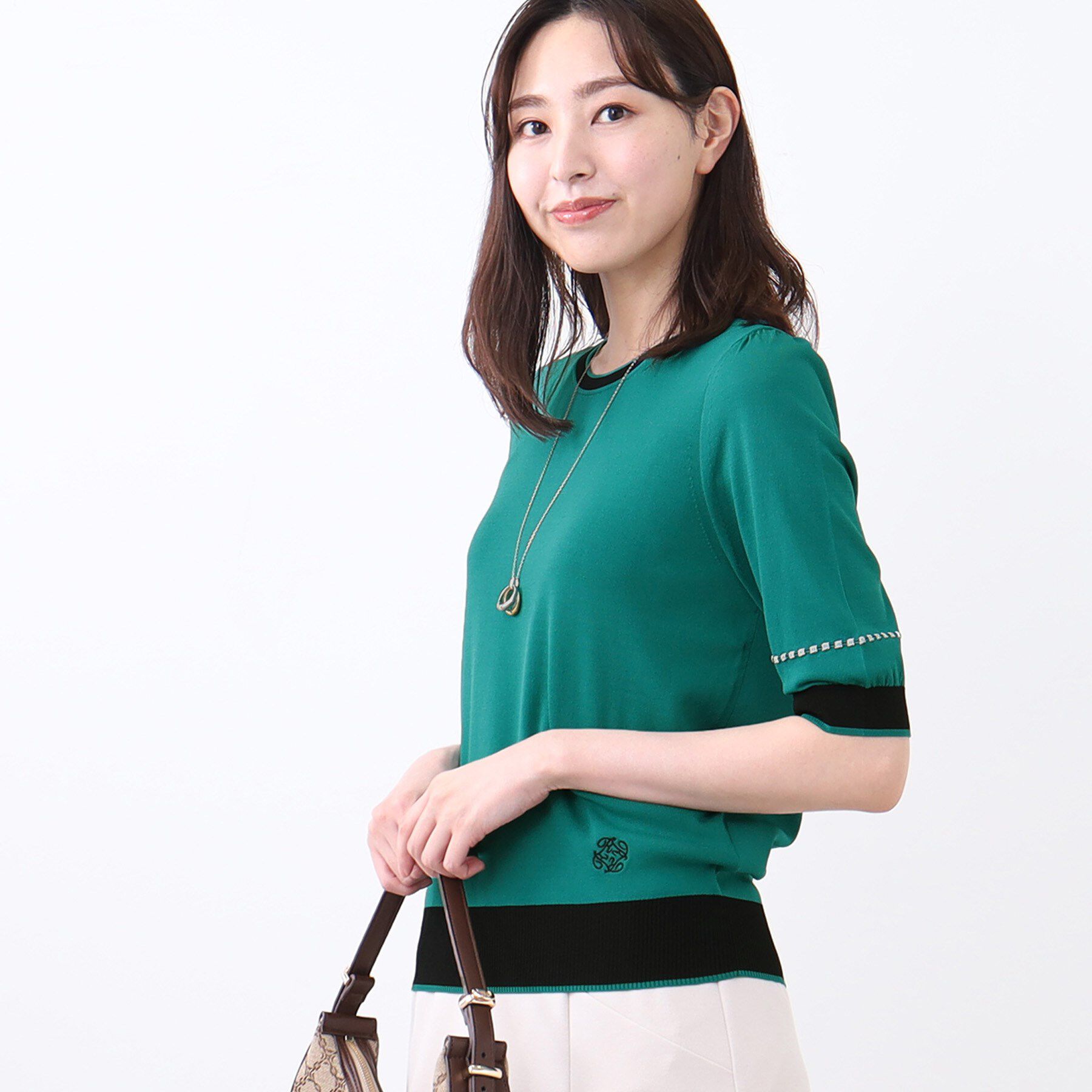 Reflect「【WEB先行カラーあり／手洗い可／アンサンブル可】バイカラー五分袖ニット」|ニット・セーター|