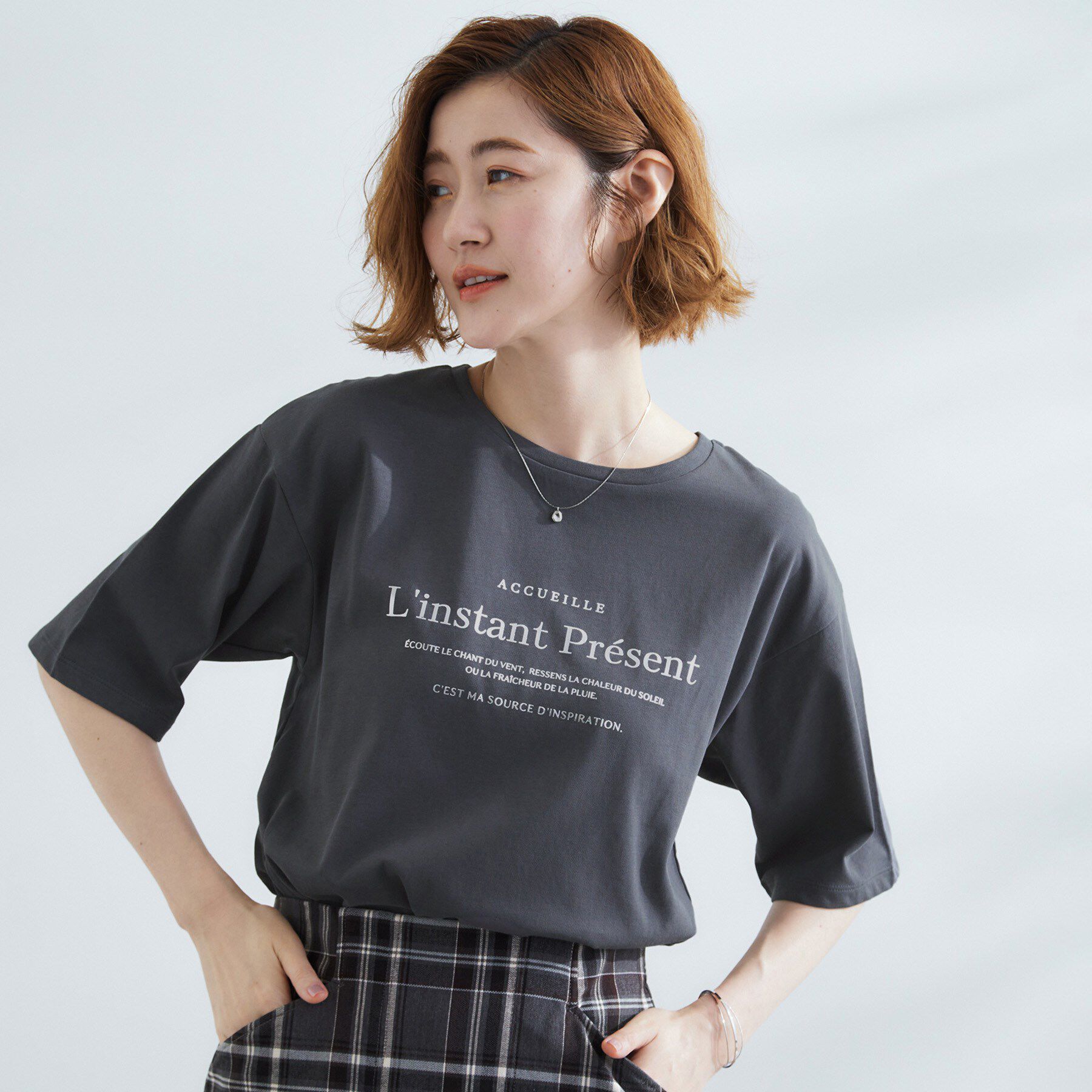 grove「五分袖ロゴプリントTシャツ」|Tシャツ・カットソー|チャコールグレー(1