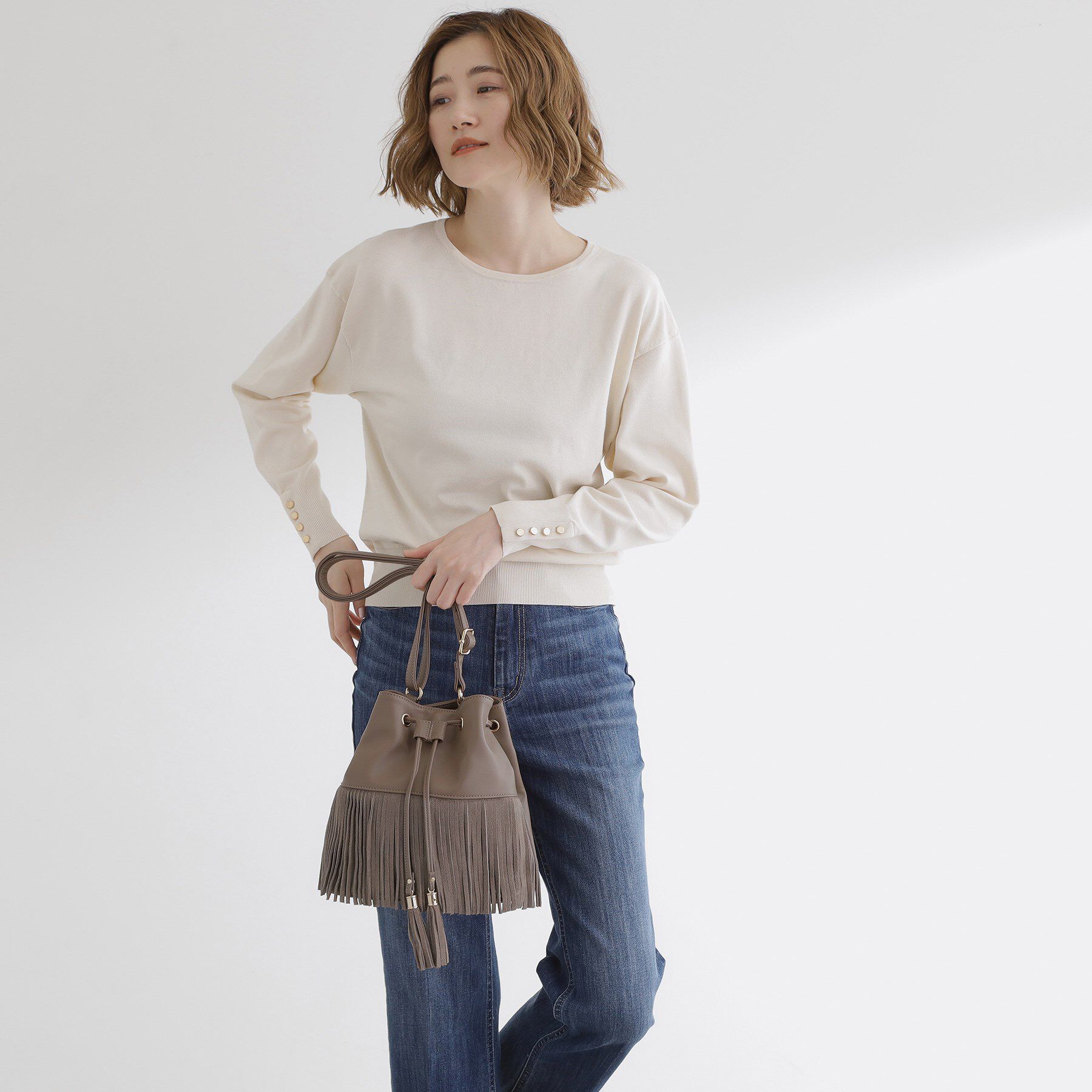 grove「スエードフリンジ巾着ショルダーバッグ」|ショルダー・メッセンジャー|トープ(054)