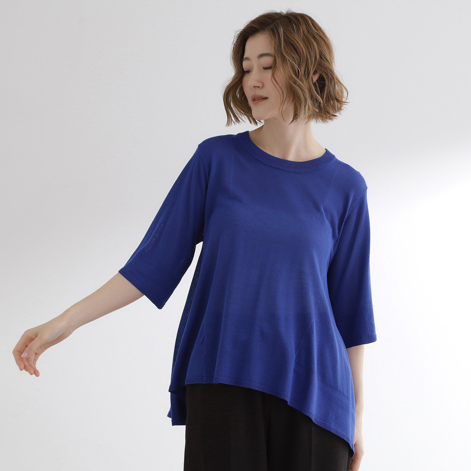 grove「涼やか体型カバー　配色シアーニットプルオーバー」|ニット・セーター|ブルー(093)