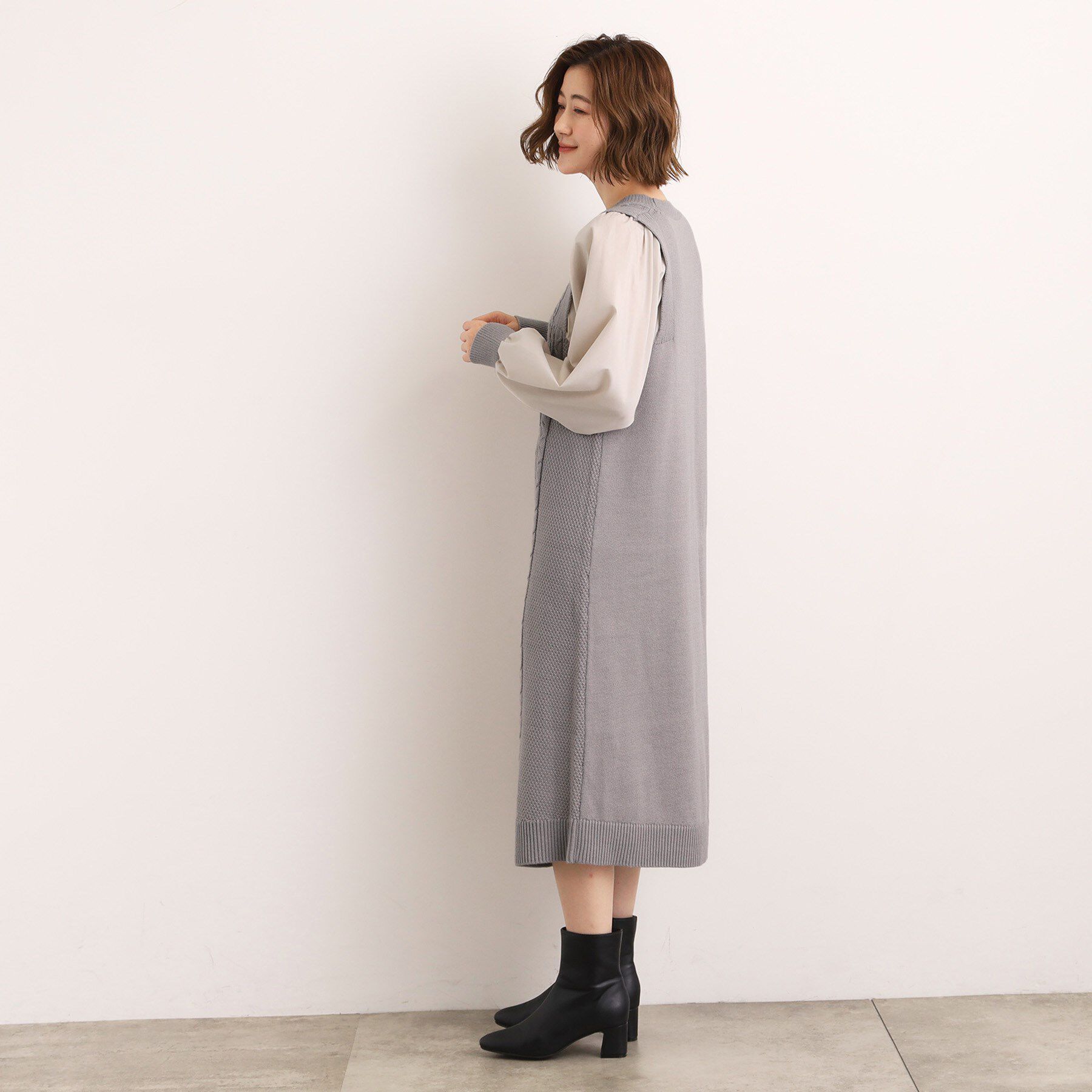 grove「一枚で華やぐ、袖布帛ケーブルニットワンピース」|ワンピース|