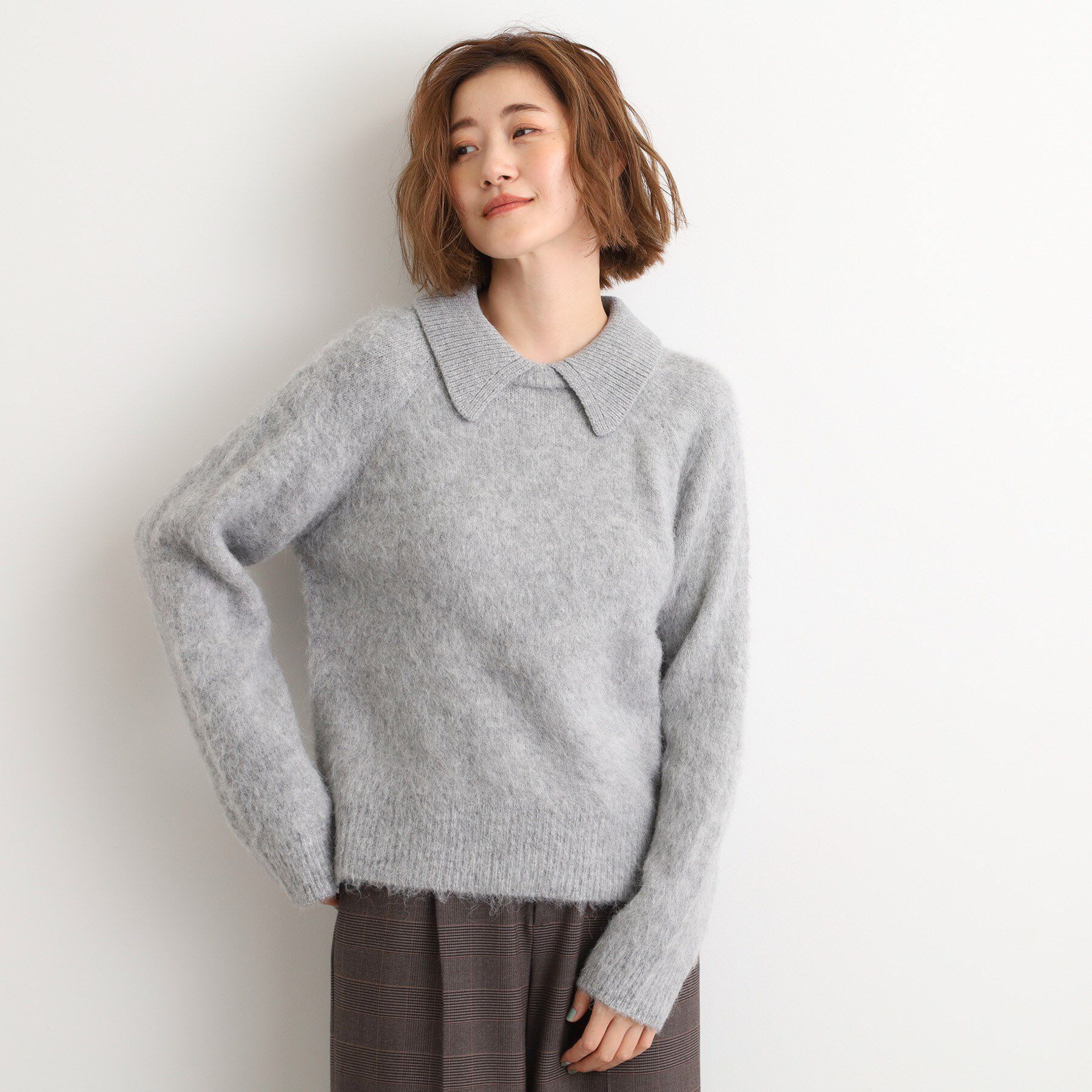 grove「異素材ビッグカラーニット」|ニット・セーター|グレー(012)